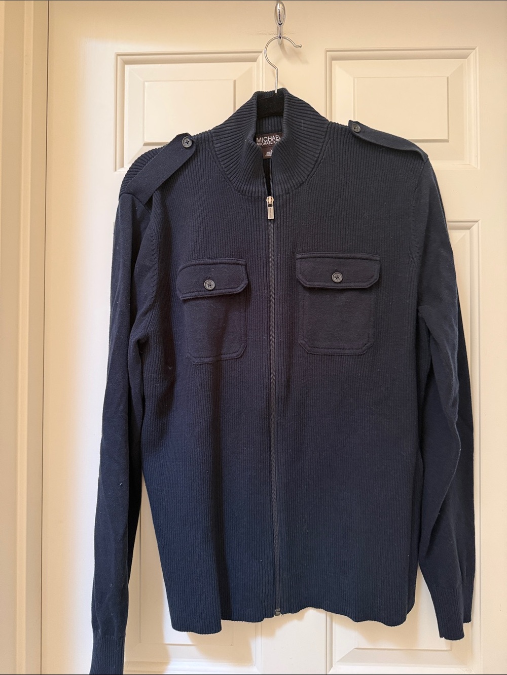 MICHAEL Michael Kors 100% Cotton Navy Military-Style Zip Cardigan